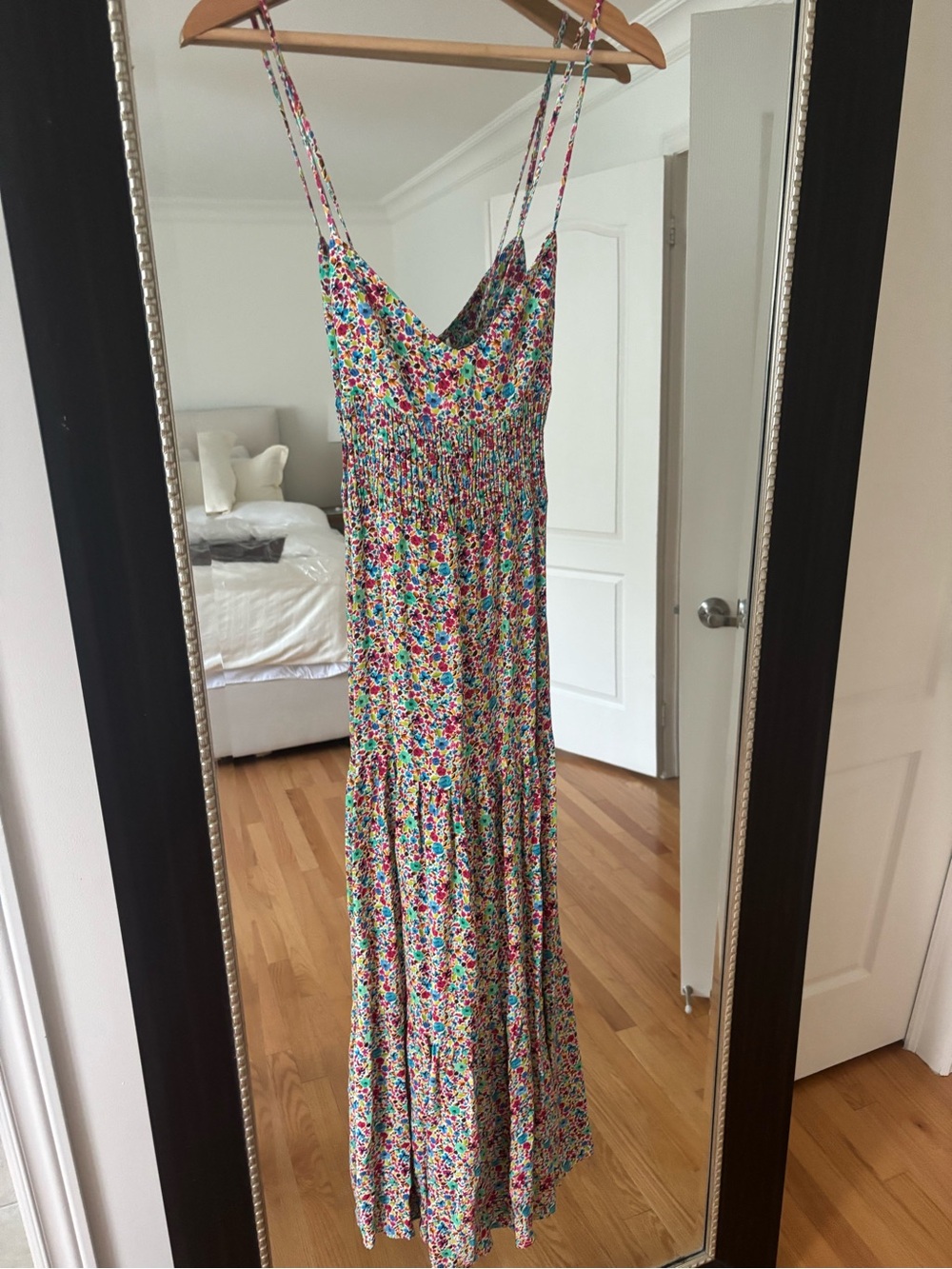 Zara Multicolor Floral Smocked Spaghetti-Strap Maxi Dress